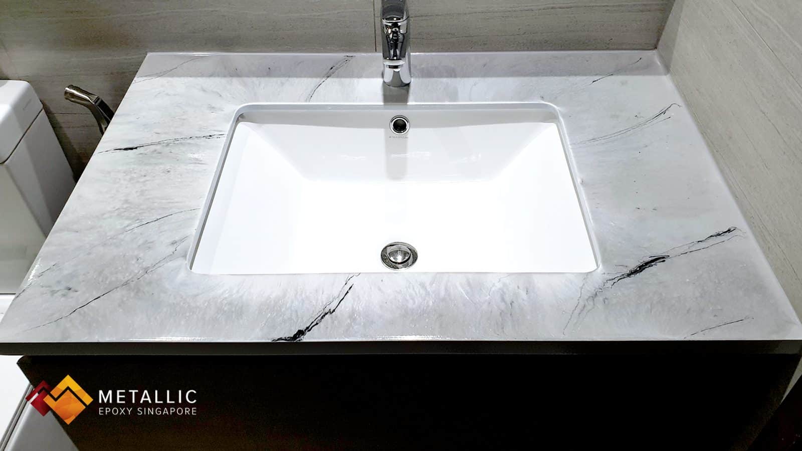 Silver Metallic Epoxy Bathroom Vanity Top Black Marble Veins Metallic Silver Base Locationbellewoods Typeexecutive Condominium Categoryresidential Metallic Silver Back With Black Marble Veins For This Bathroom Sink